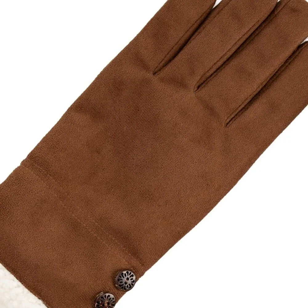 Women's Cogance Water Repellent Microsuede Gloves Sherpa Lined Button Detail